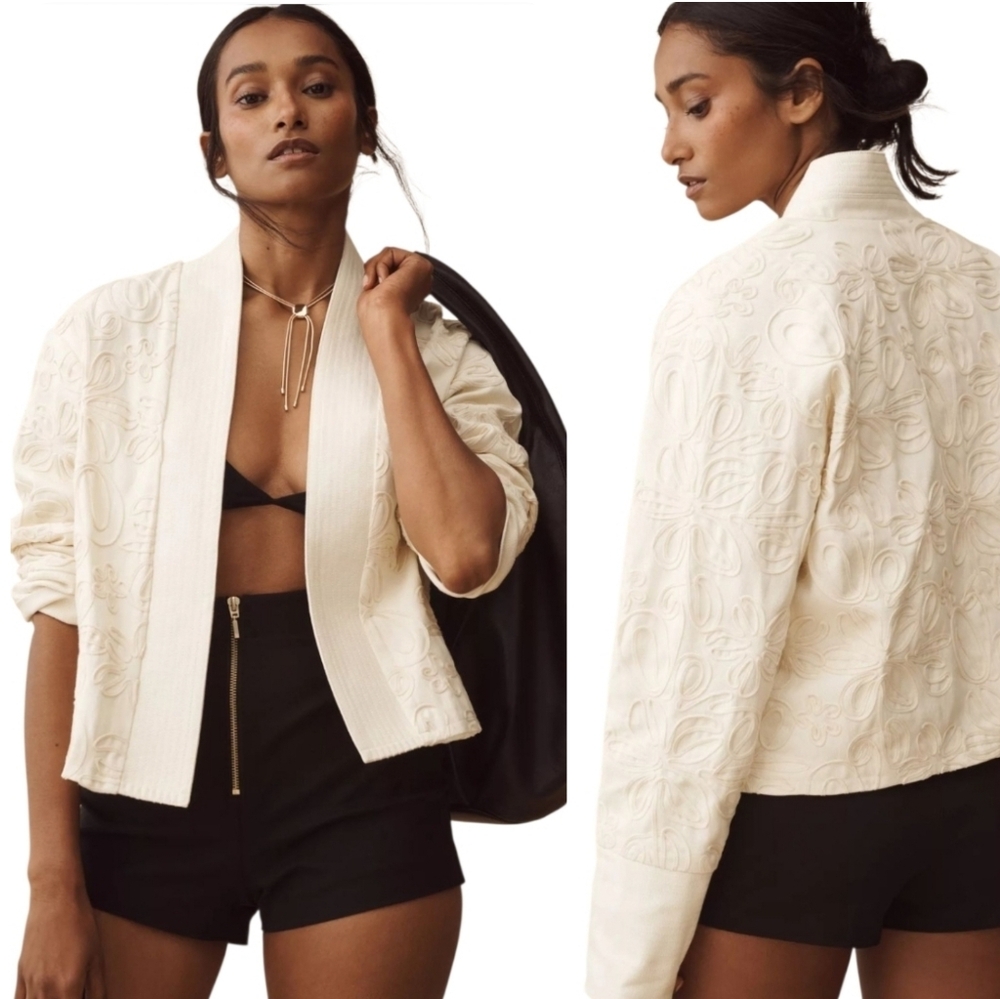 Anthropologie Dolan Elegant Floral String Embroidered Cropped Jacket In Cream